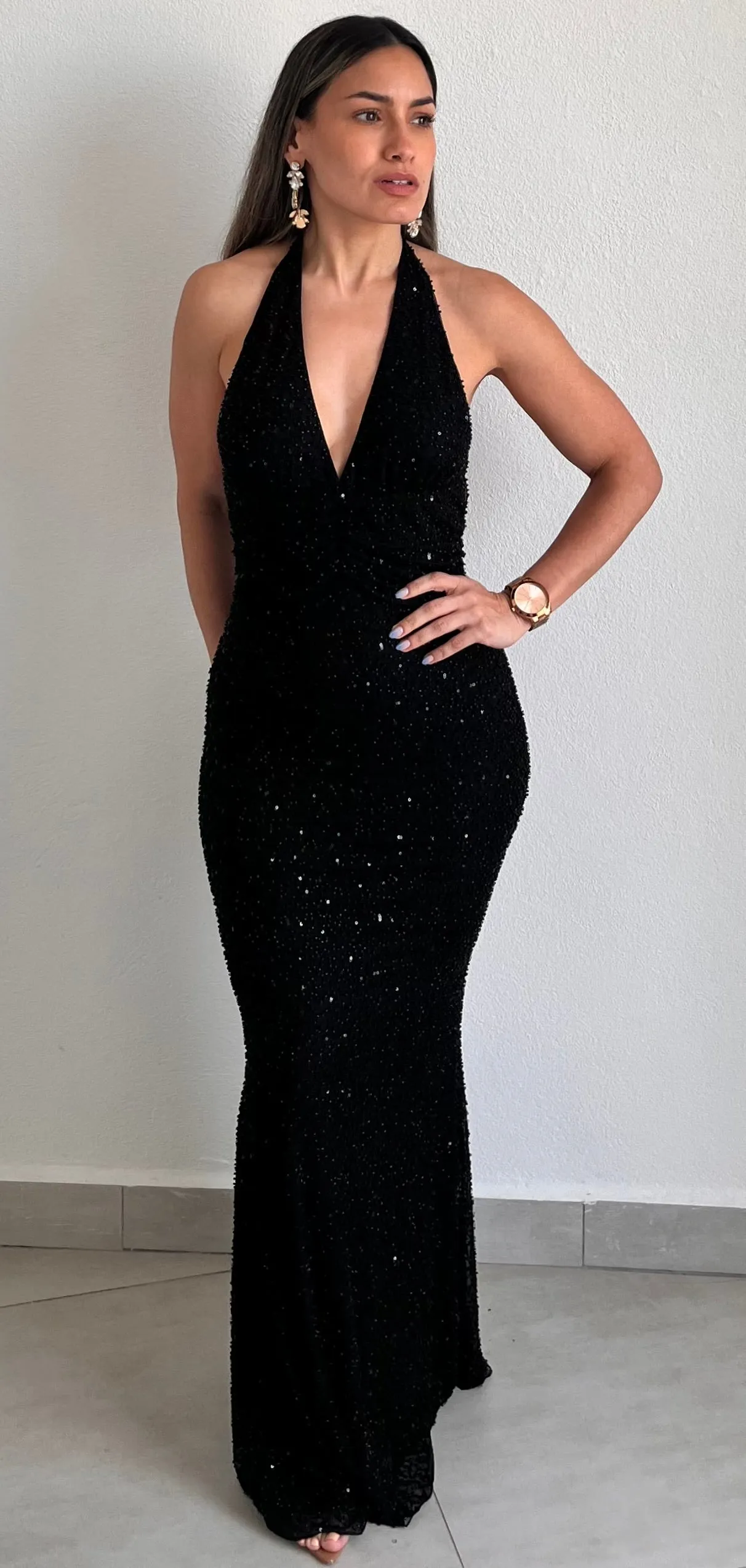 All this Allure Black Halter Beaded Long Dress