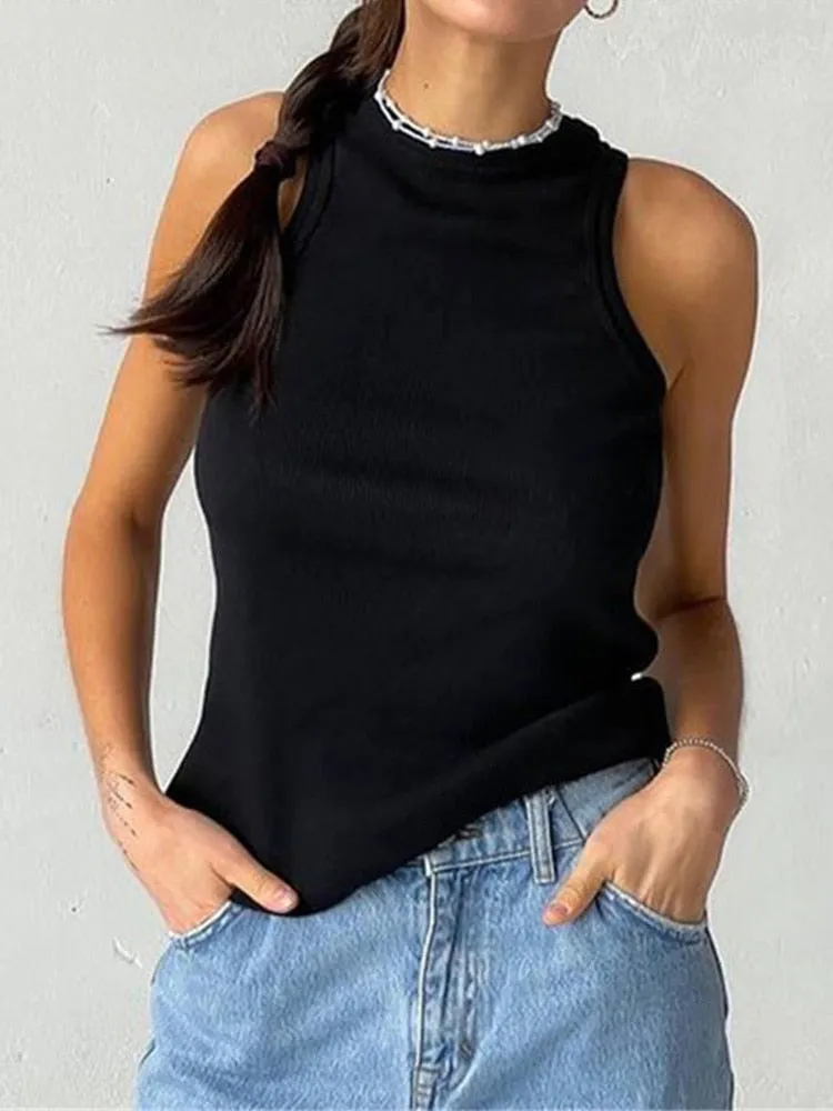 Backless Tank Top Sleeveless Vest Knitted Camis Tank Tops Casual Solid Color Basic