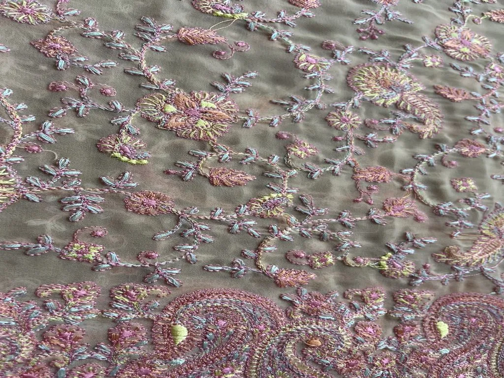 Beige Traditional Heavy Embroidered Kashmiri Work Georgette Fabric (Wholesale)