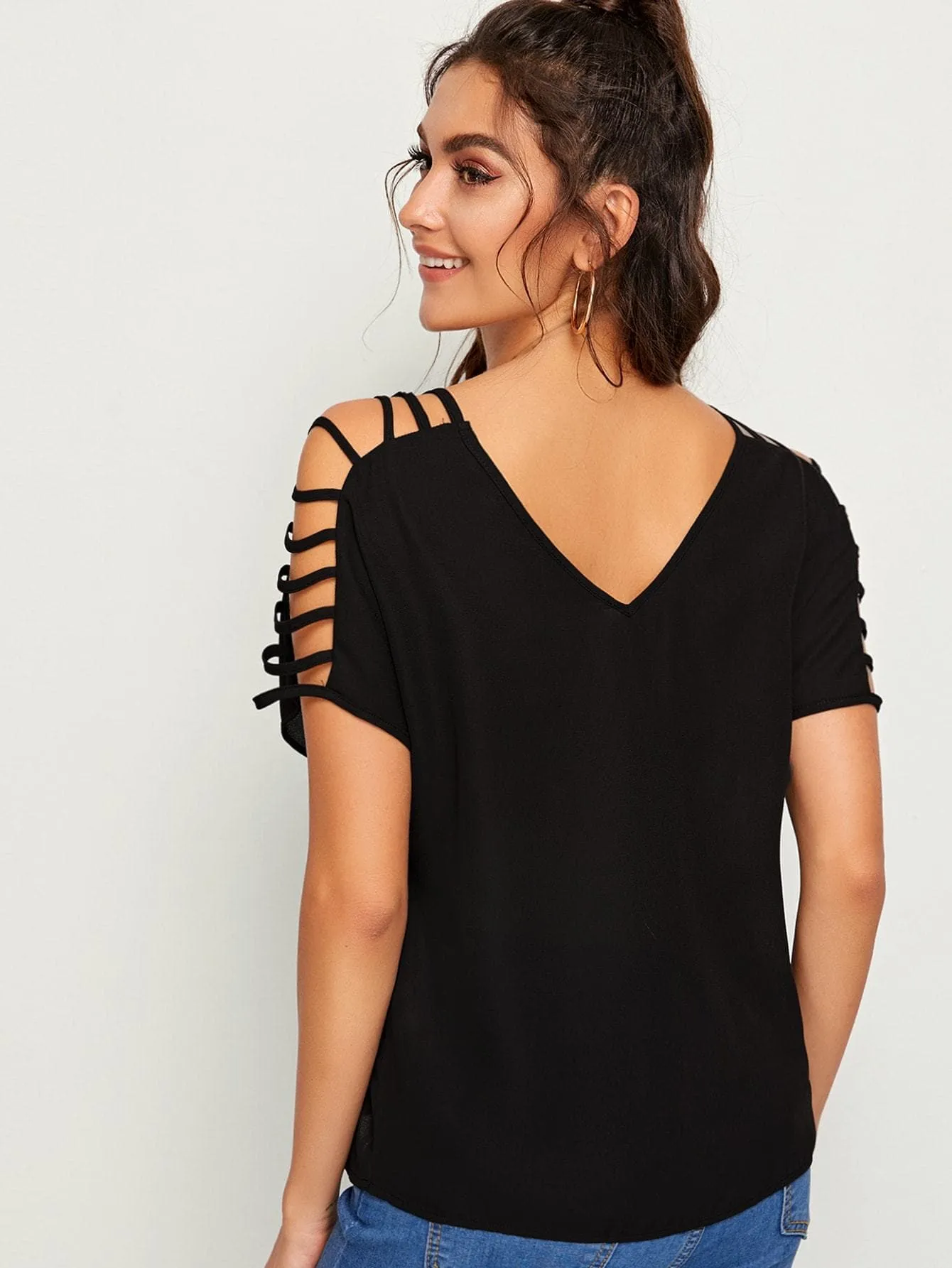 Black V-neck Laddering Cutout Shoulder Top