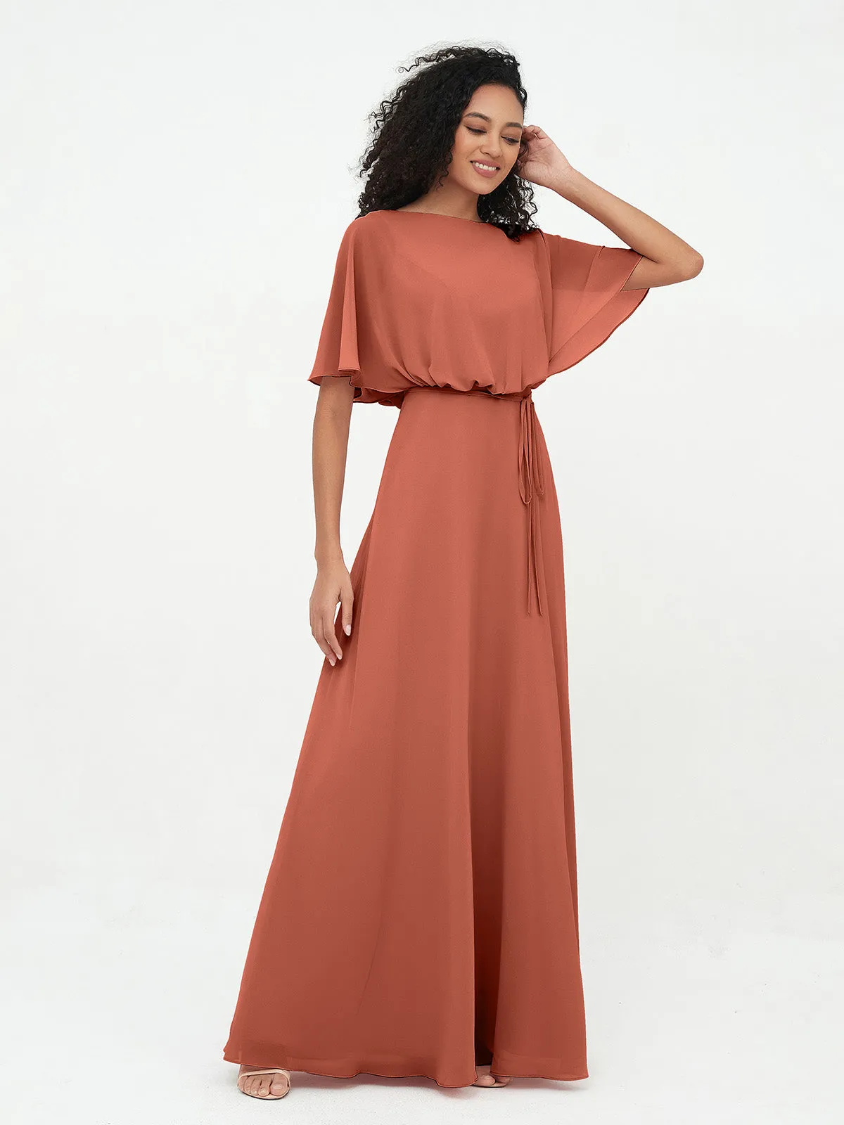 Chiffon Full Length Bridesmaid Dresses with Wrap Rust Plus Size