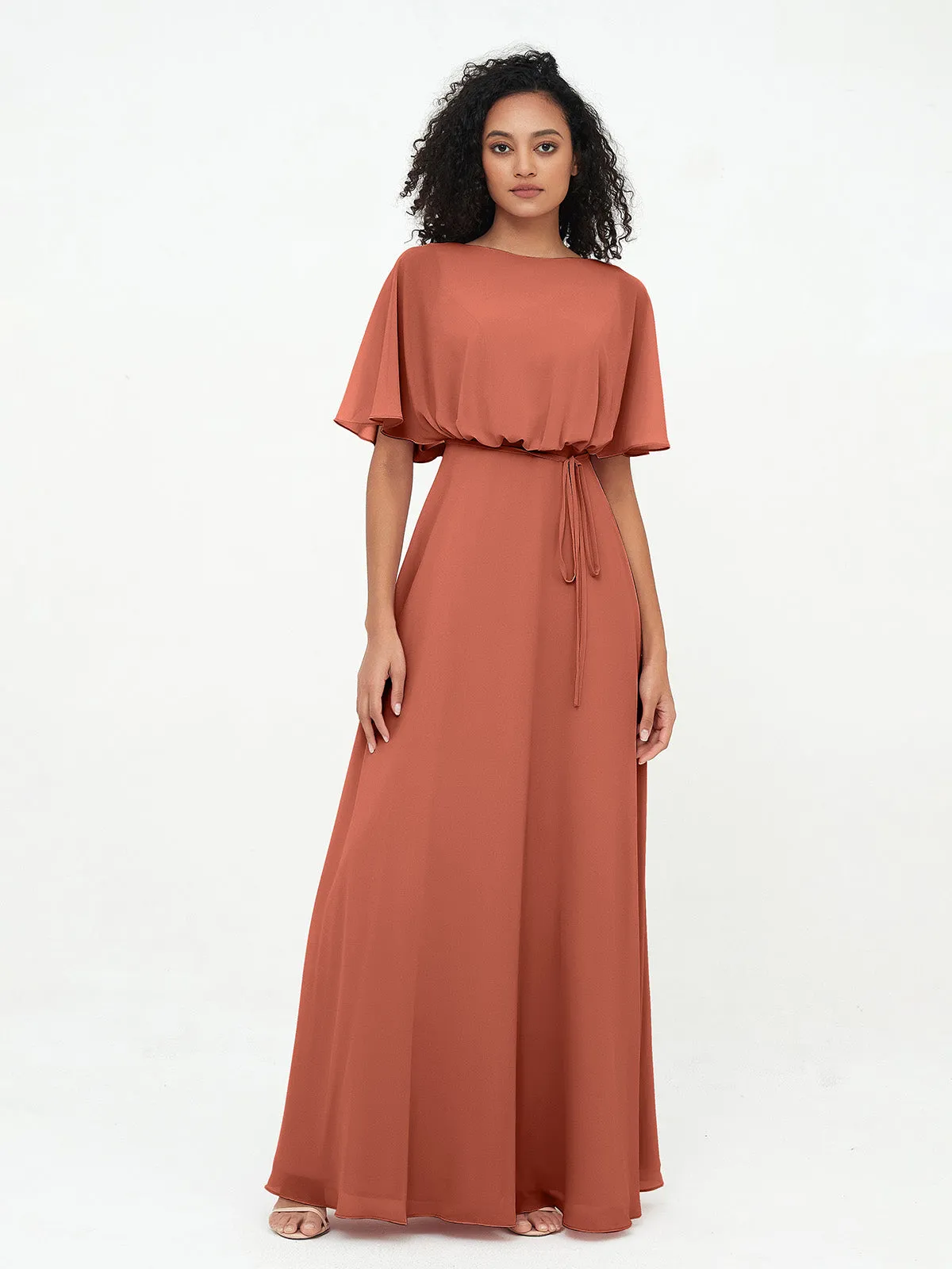 Chiffon Full Length Bridesmaid Dresses with Wrap Rust Plus Size