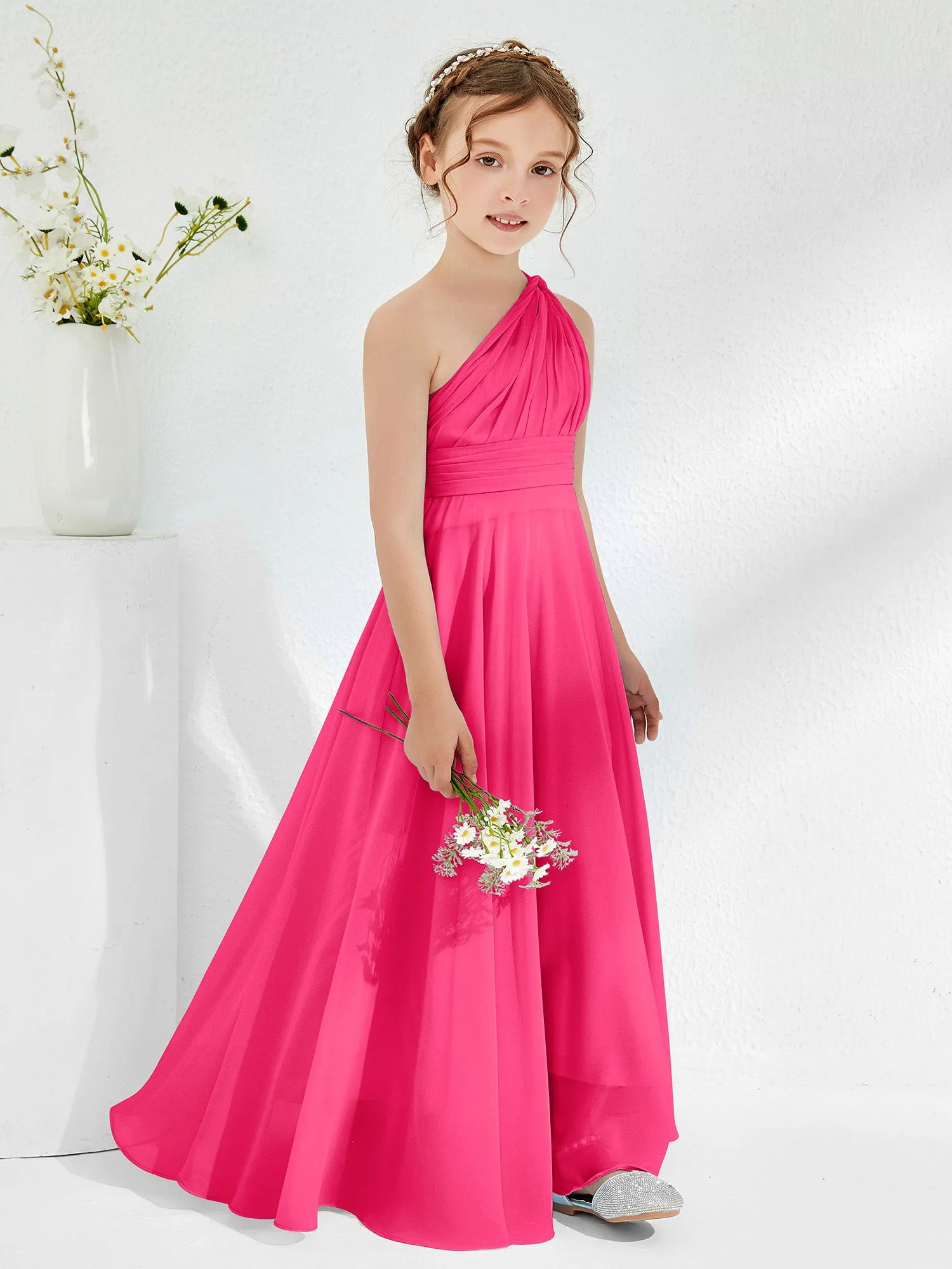 Cute One Shoulder  A-line Junior Bridesmaid Dresses Fuchsia