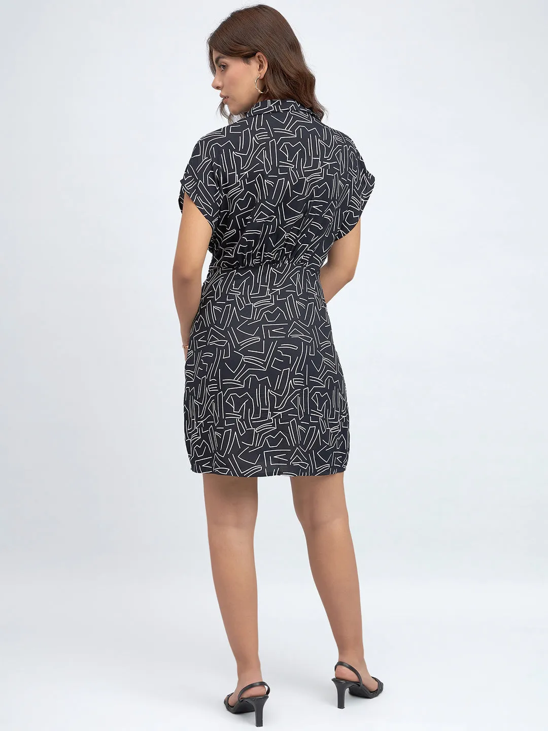 DL Woman Shirt Collar Regular Fit Printed Black Dress