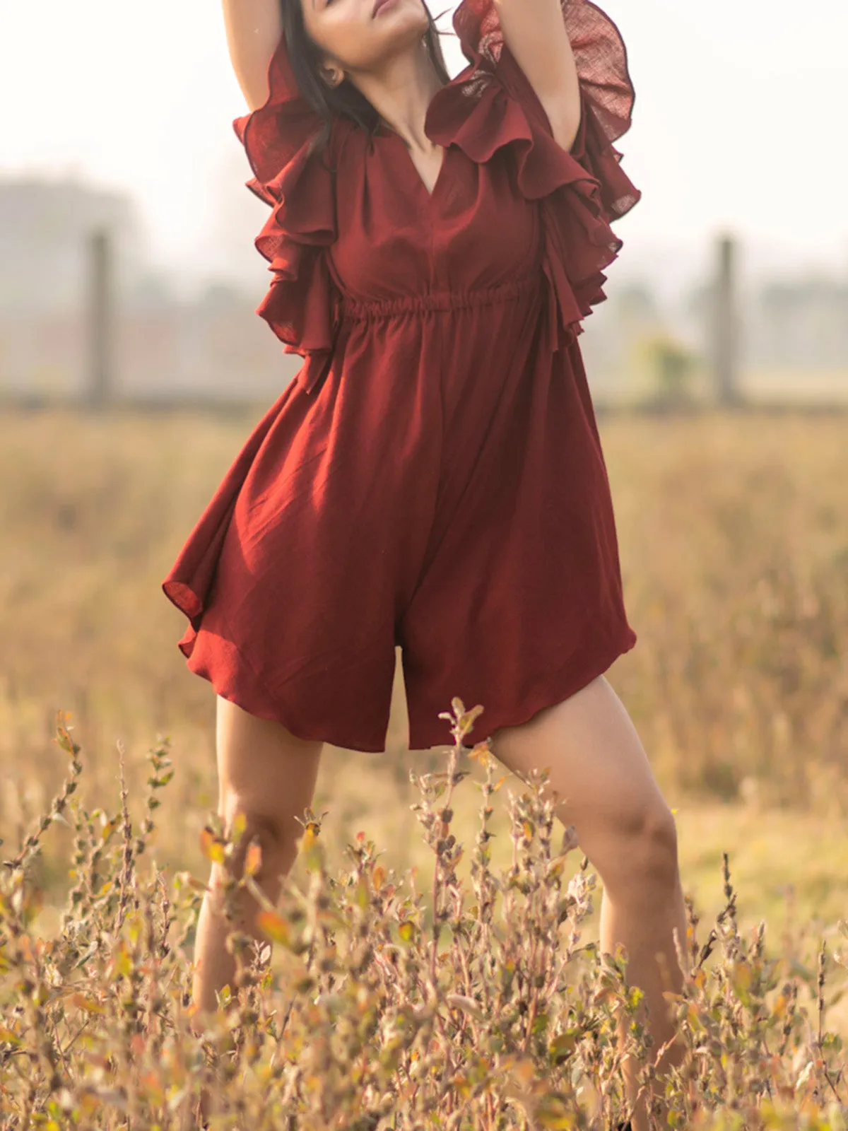 Frill Rompers Dress Maroon