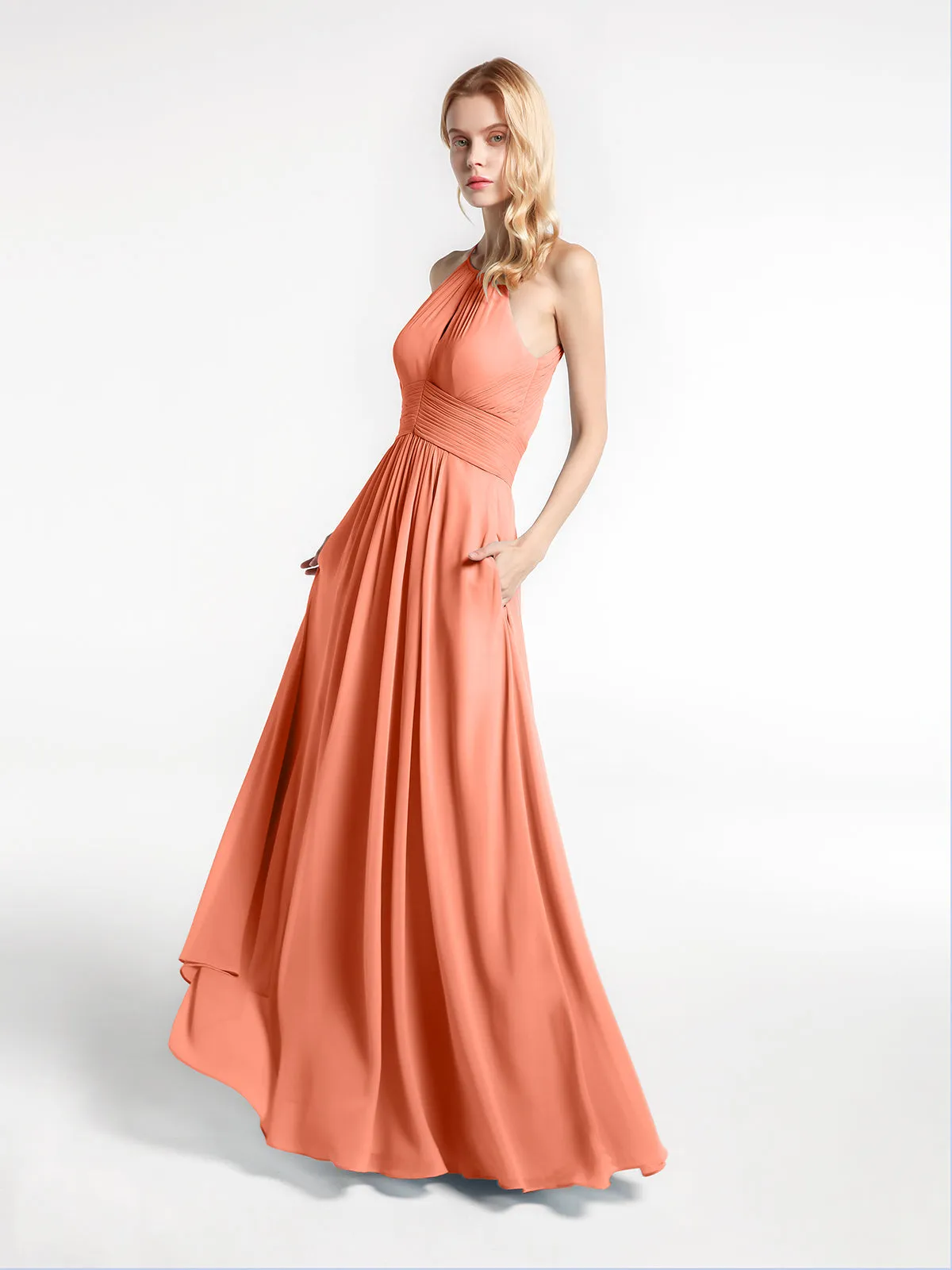 Halter Keyhole Neck Chiffon Dress with Pockets-Sunset