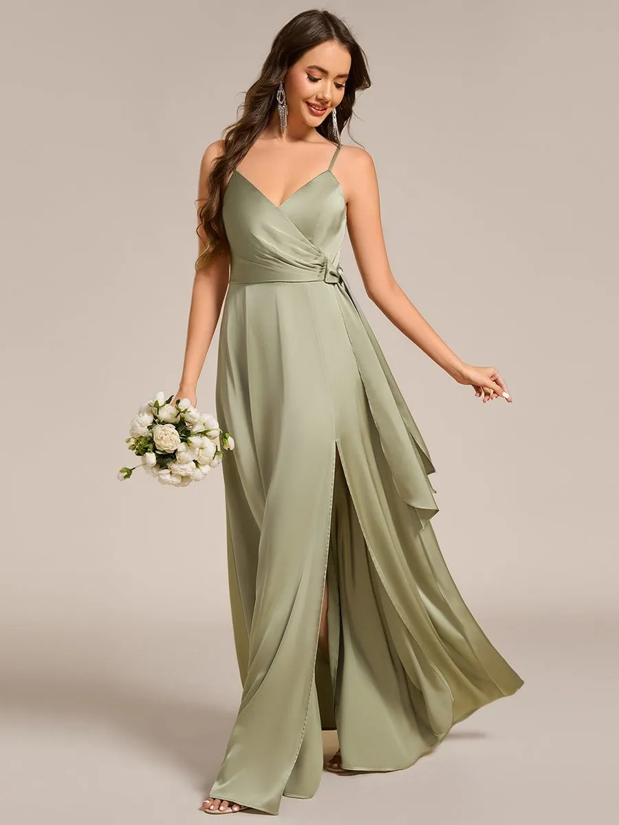 Holly light olive satin bridesmaid dress with split Express NZ wide
