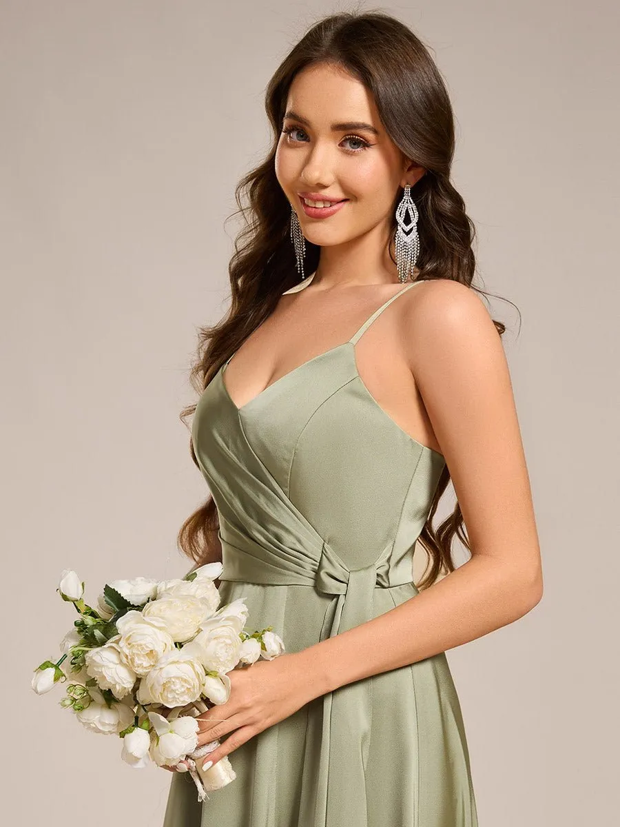 Holly light olive satin bridesmaid dress with split Express NZ wide