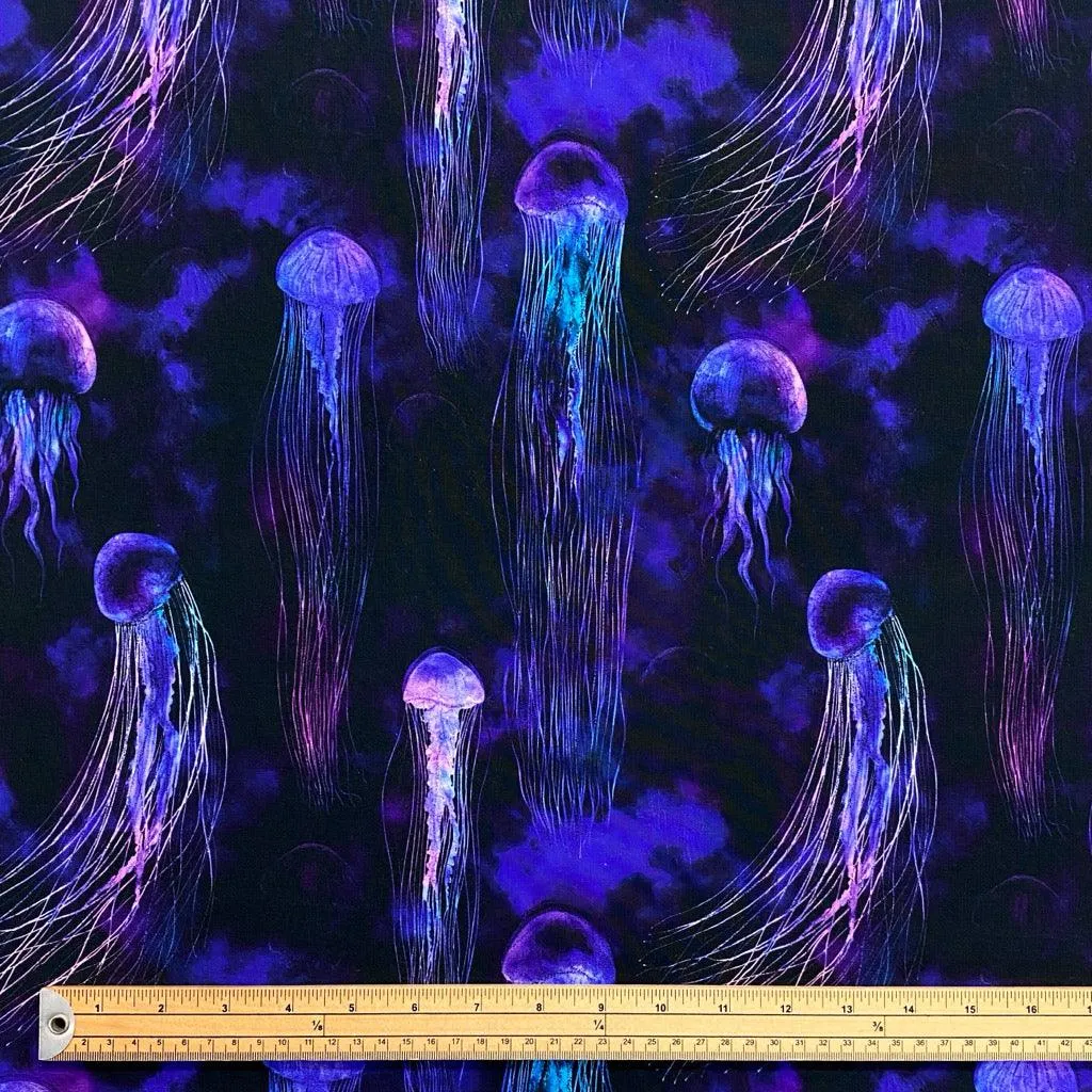 Jellyfish on Black French Terry Fabric