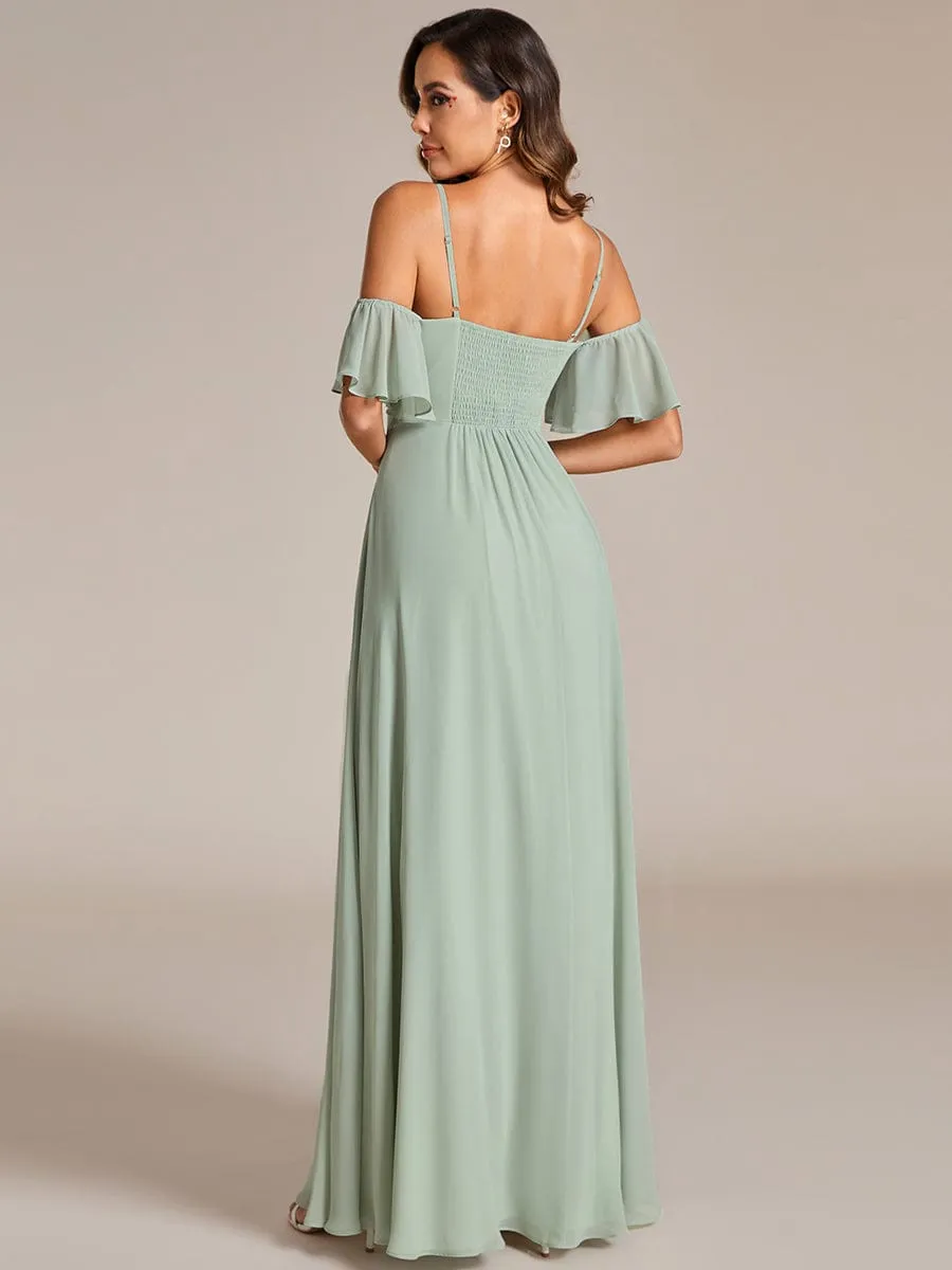 Off Shoulder Chiffon Dresses with Ruffles Sleeve In Sage Green