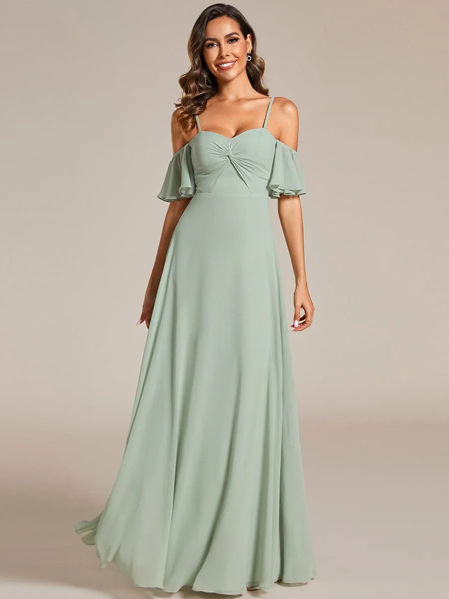 Off Shoulder Chiffon Dresses with Ruffles Sleeve In Sage Green