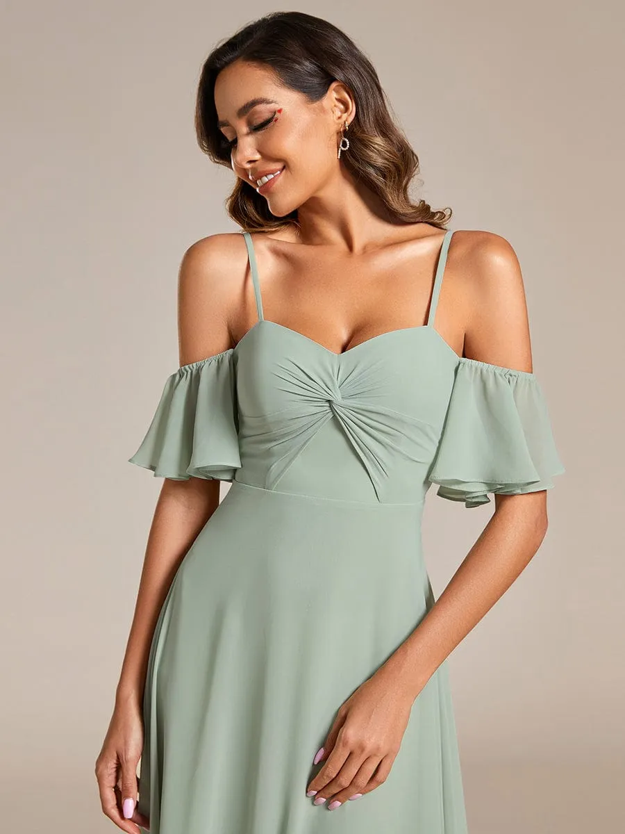 Off Shoulder Chiffon Dresses with Ruffles Sleeve In Sage Green