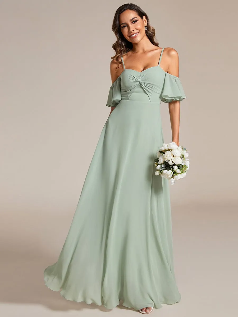 Off Shoulder Chiffon Dresses with Ruffles Sleeve In Sage Green