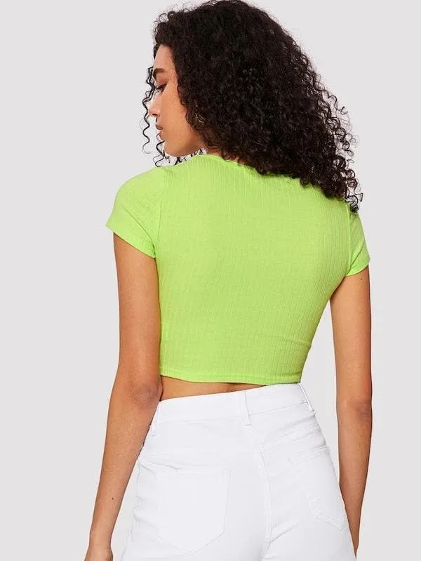 Round Neck Cap Sleeve Form Fitted Glitter Crop Top