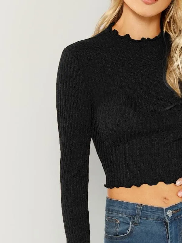 Round Neck Stretch Lettuce Trim Ribbed Crop Top