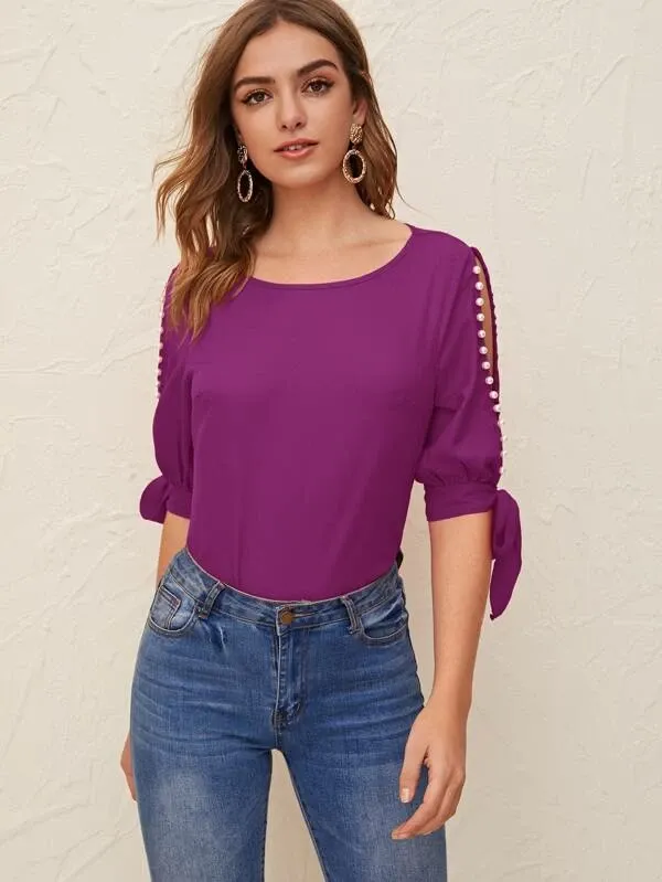 Round Neck Neon Lime Pearl Beaded Split Sleeve Knot Cuff Top