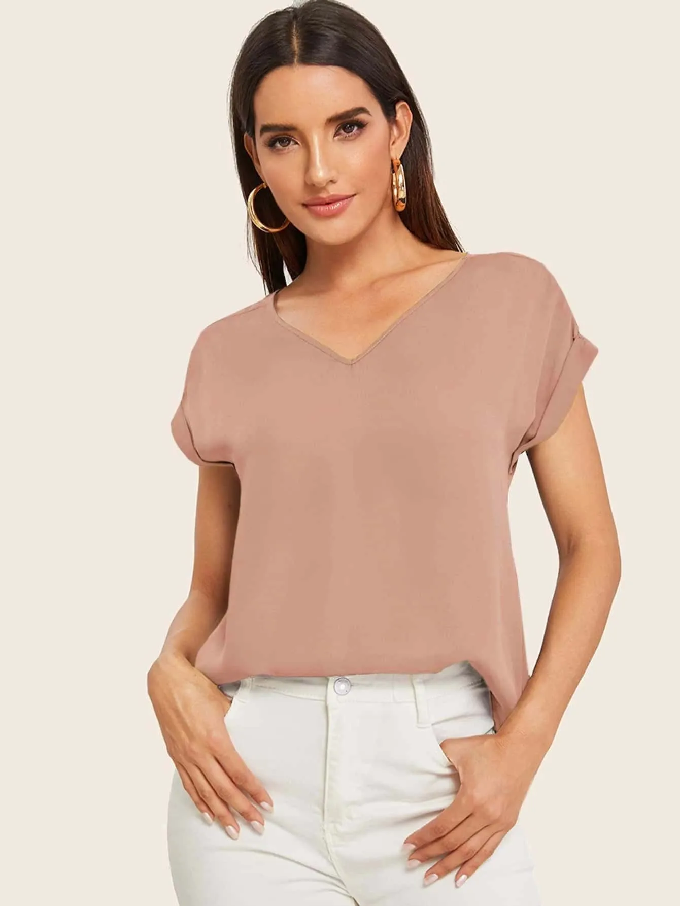 Round Neck Roll Up Sleeve High Low Hem Top