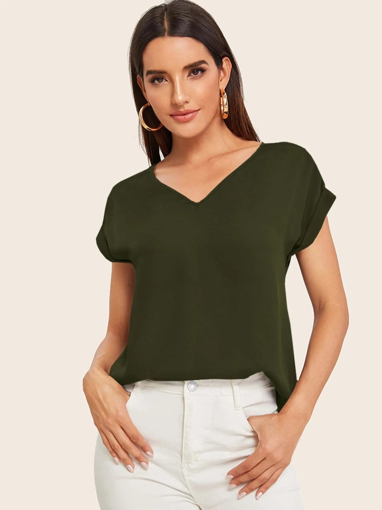 Round Neck Roll Up Sleeve High Low Hem Top