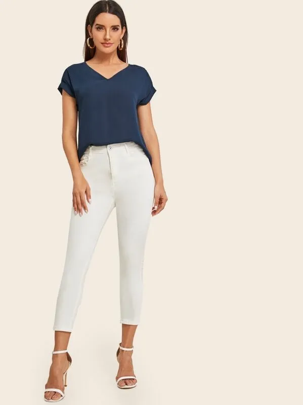 Round Neck Roll Up Sleeve High Low Hem Top