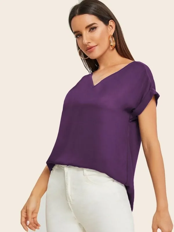 Round Neck Roll Up Sleeve High Low Hem Top