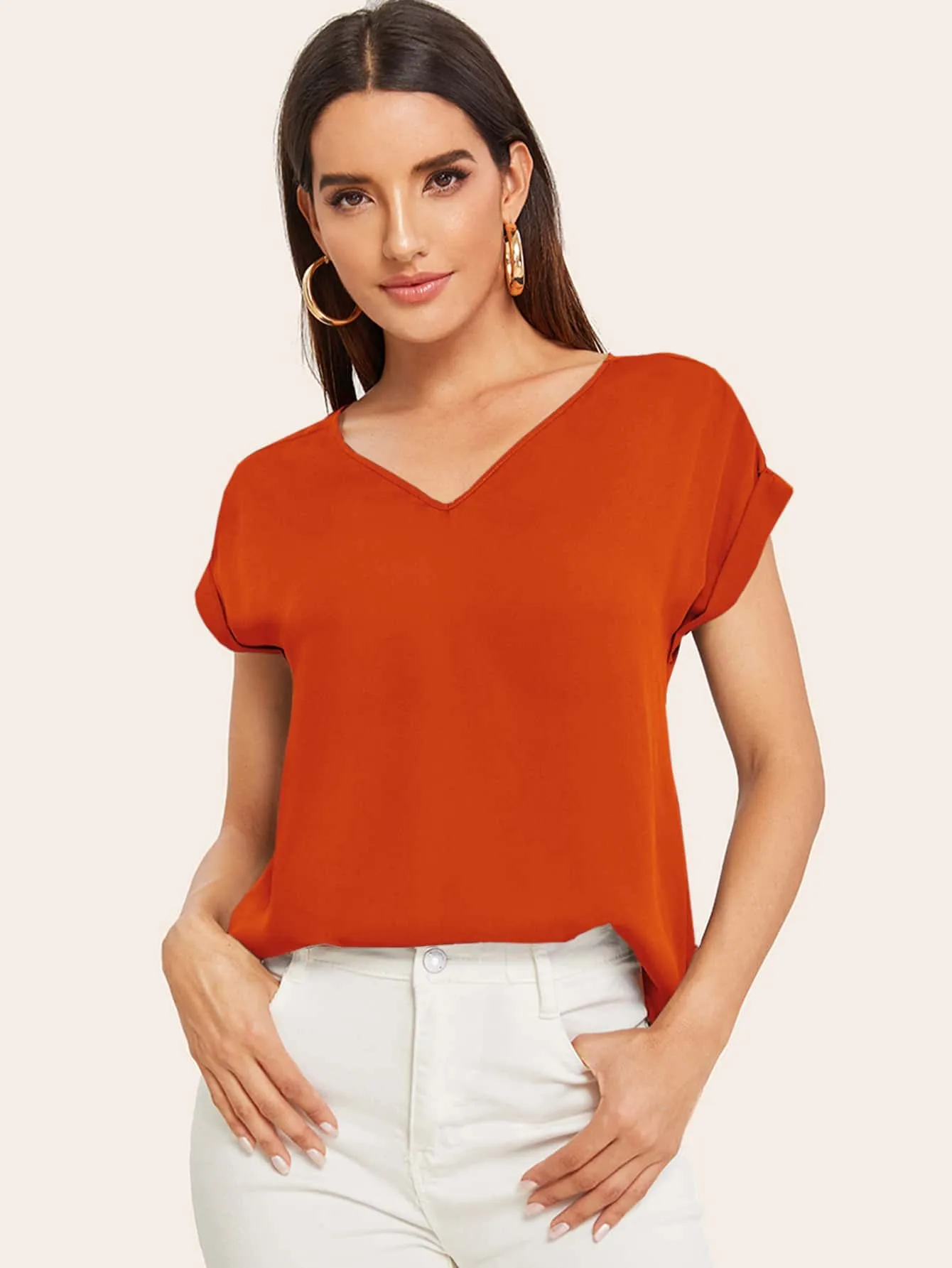 Round Neck Roll Up Sleeve High Low Hem Top