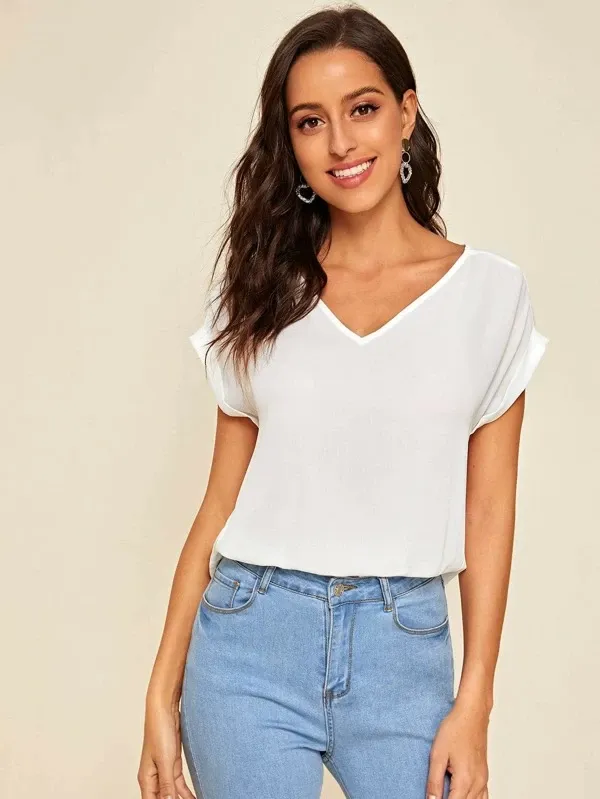 Round Neck Roll Up Sleeve High Low Hem Top