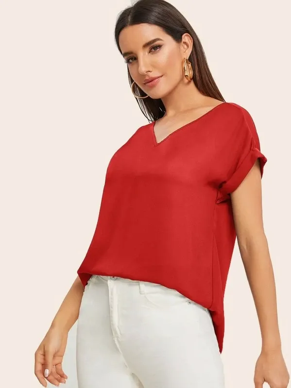 Round Neck Roll Up Sleeve High Low Hem Top