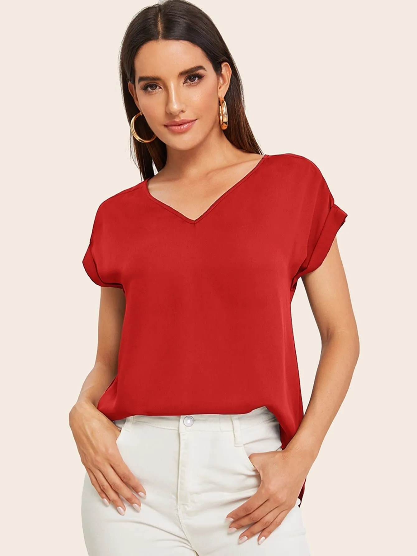 Round Neck Roll Up Sleeve High Low Hem Top