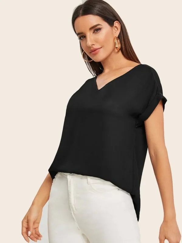 Round Neck Roll Up Sleeve High Low Hem Top