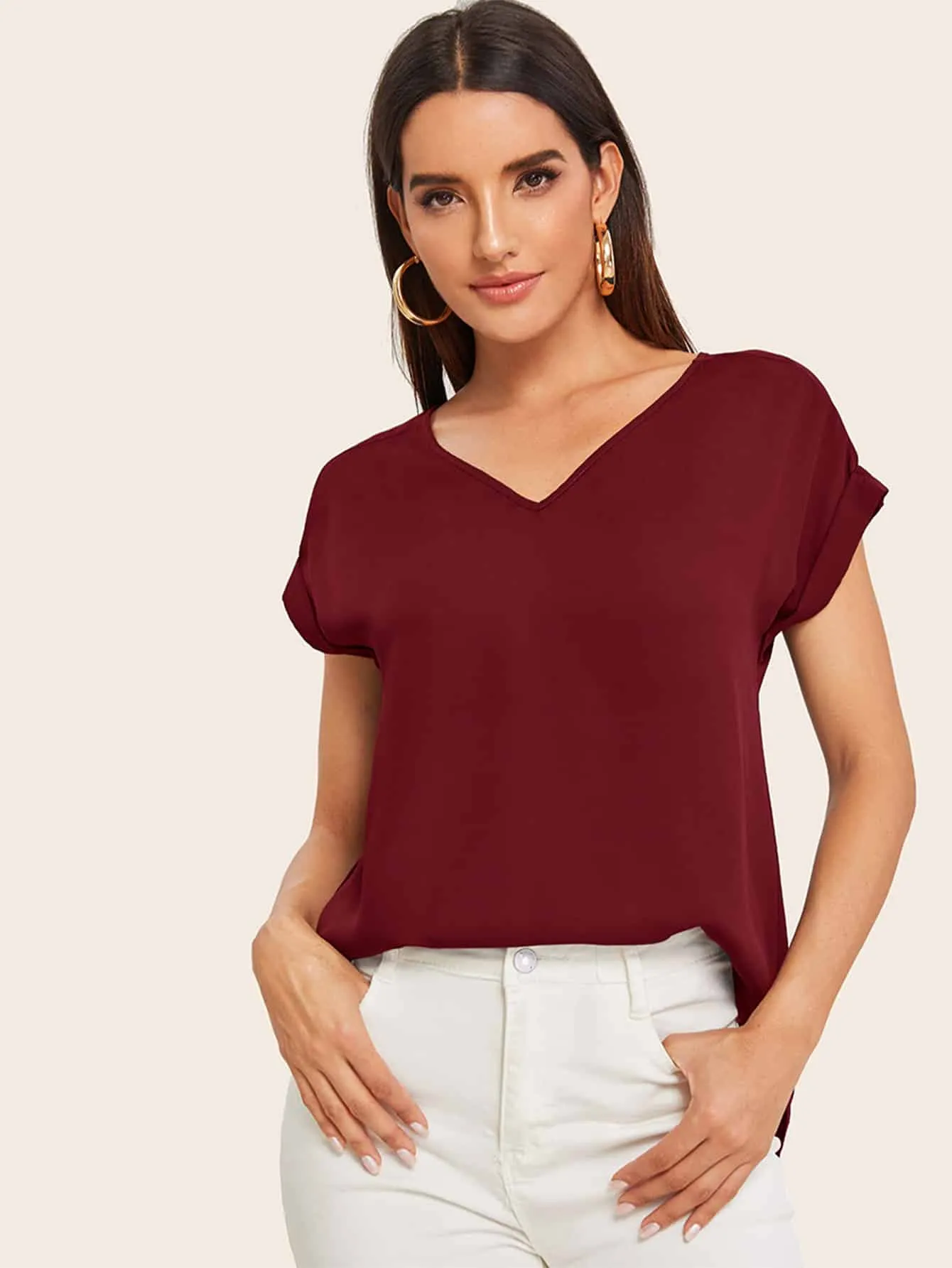 Round Neck Roll Up Sleeve High Low Hem Top