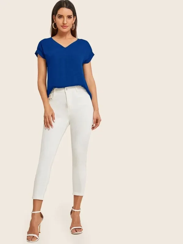Round Neck Roll Up Sleeve High Low Hem Top