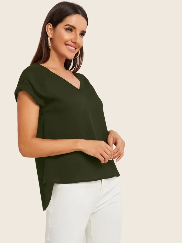 Round Neck Roll Up Sleeve High Low Hem Top
