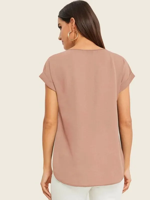 Round Neck Roll Up Sleeve High Low Hem Top