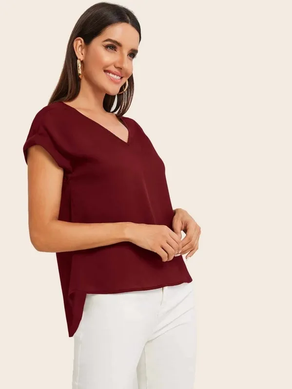 Round Neck Roll Up Sleeve High Low Hem Top