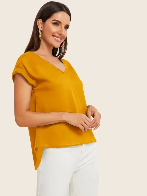Round Neck Roll Up Sleeve High Low Hem Top