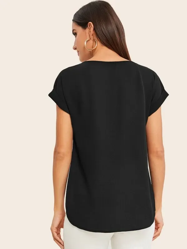 Round Neck Roll Up Sleeve High Low Hem Top