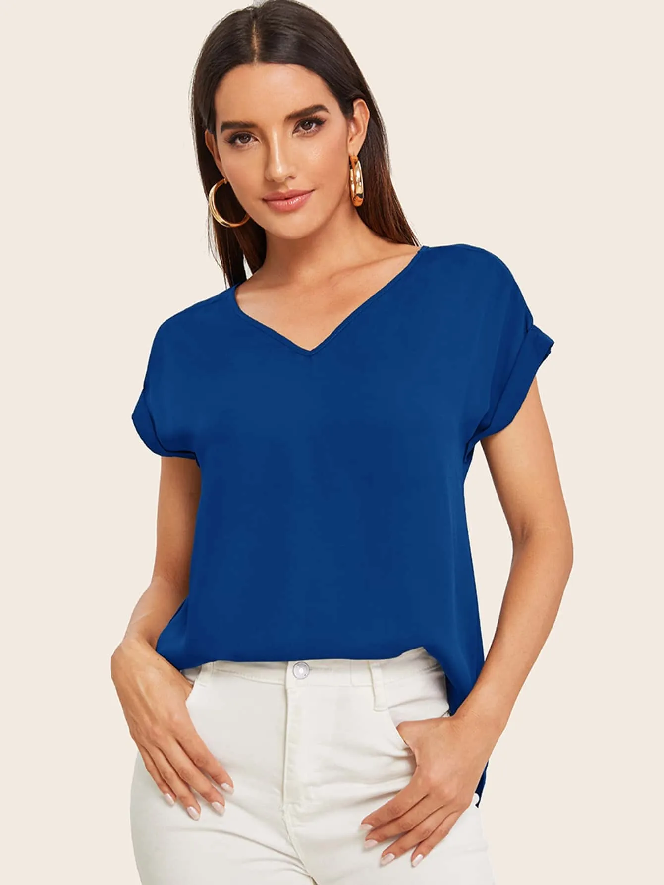 Round Neck Roll Up Sleeve High Low Hem Top
