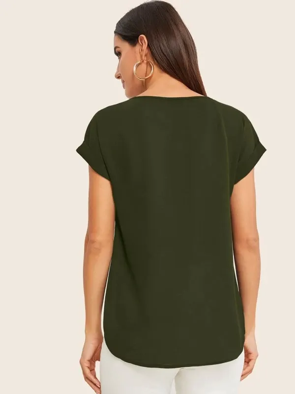 Round Neck Roll Up Sleeve High Low Hem Top
