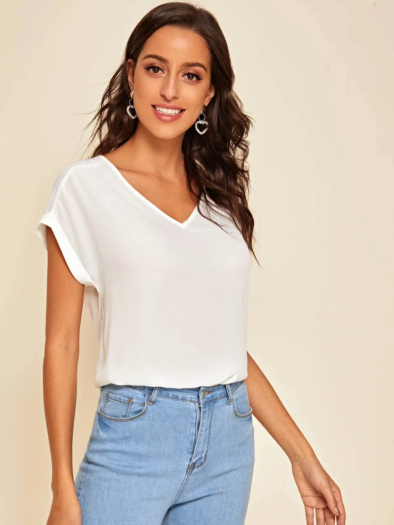 Round Neck Roll Up Sleeve High Low Hem Top
