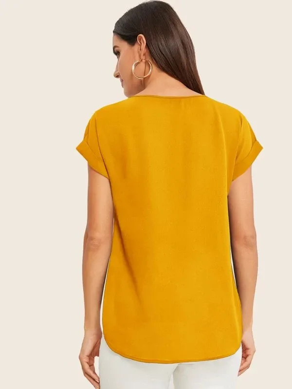 Round Neck Roll Up Sleeve High Low Hem Top