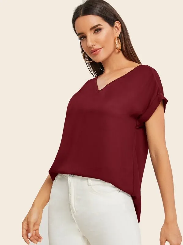 Round Neck Roll Up Sleeve High Low Hem Top