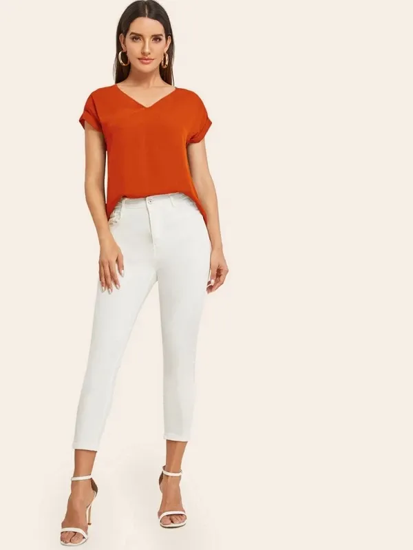 Round Neck Roll Up Sleeve High Low Hem Top