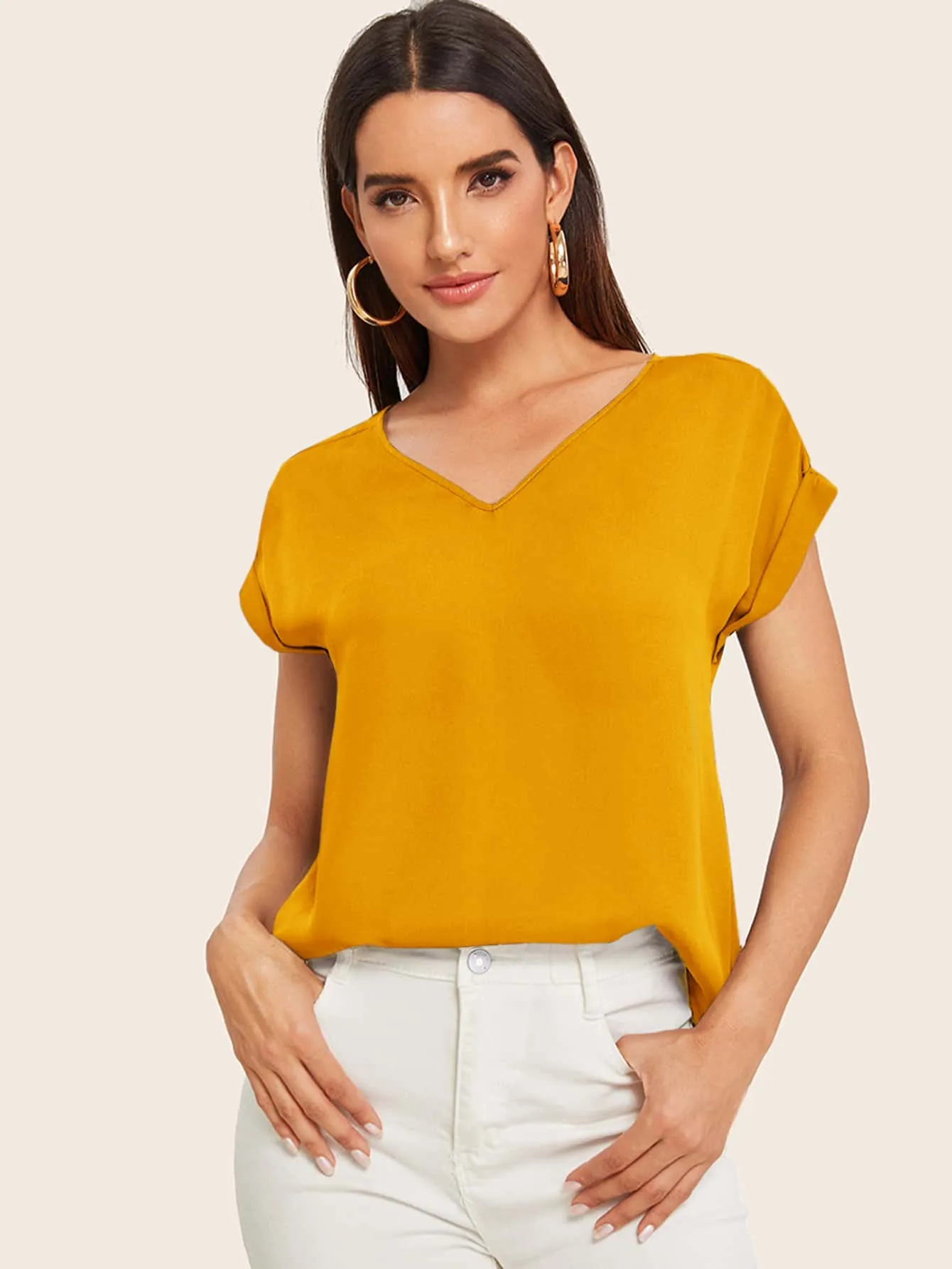 Round Neck Roll Up Sleeve High Low Hem Top