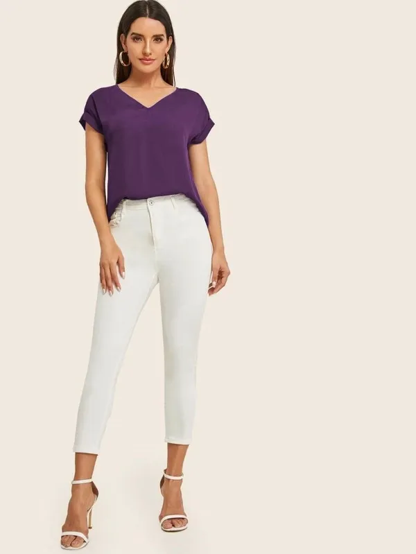 Round Neck Roll Up Sleeve High Low Hem Top