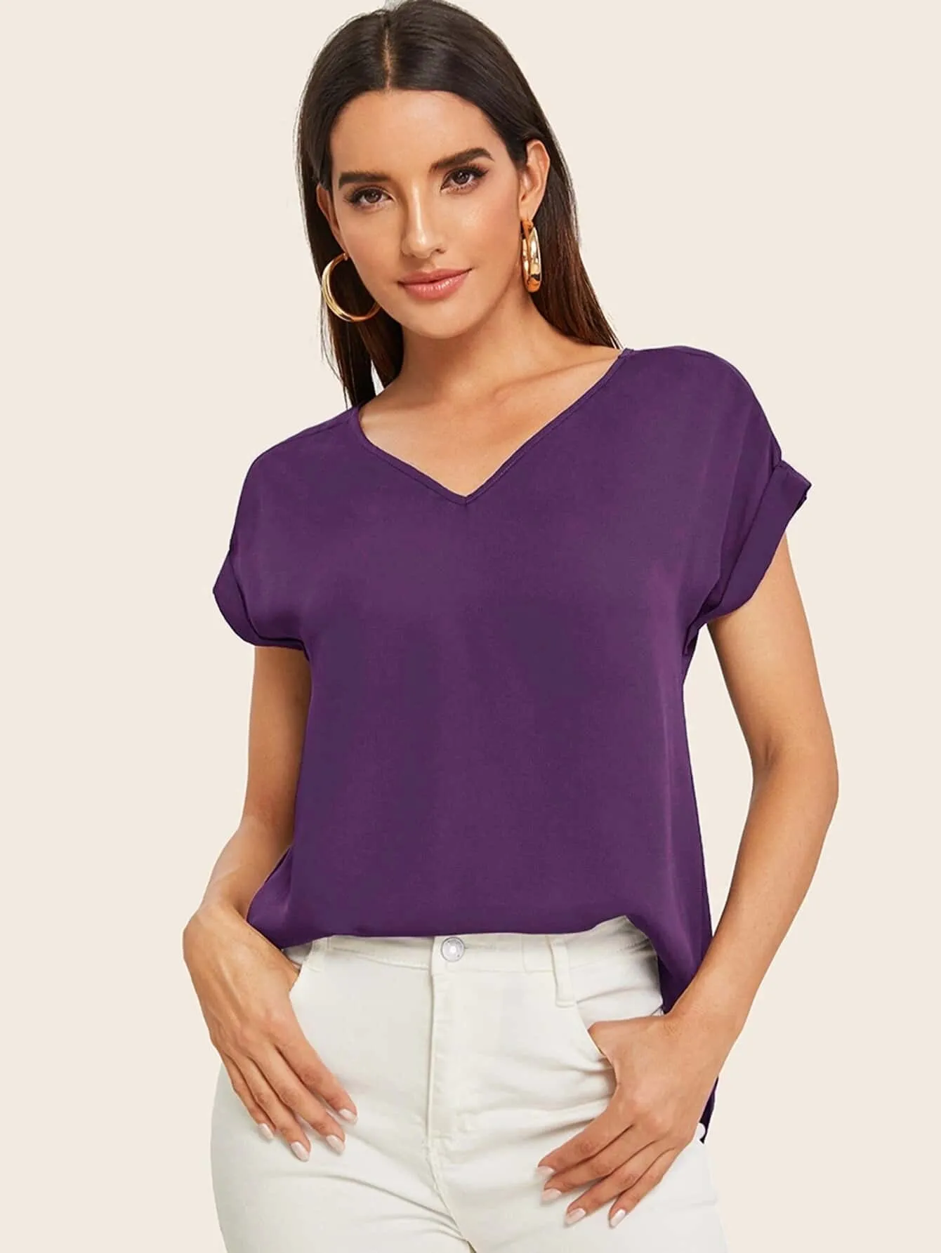 Round Neck Roll Up Sleeve High Low Hem Top