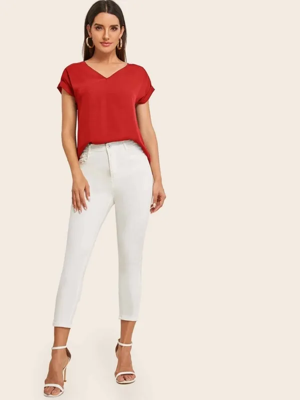 Round Neck Roll Up Sleeve High Low Hem Top