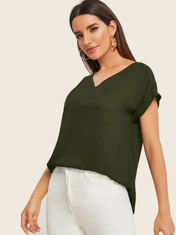 Round Neck Roll Up Sleeve High Low Hem Top