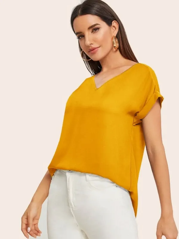 Round Neck Roll Up Sleeve High Low Hem Top