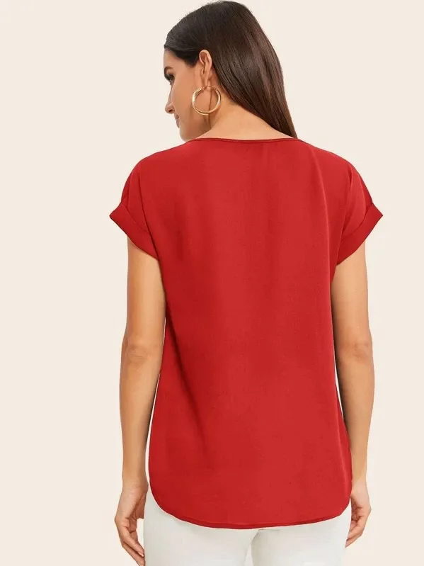 Round Neck Roll Up Sleeve High Low Hem Top