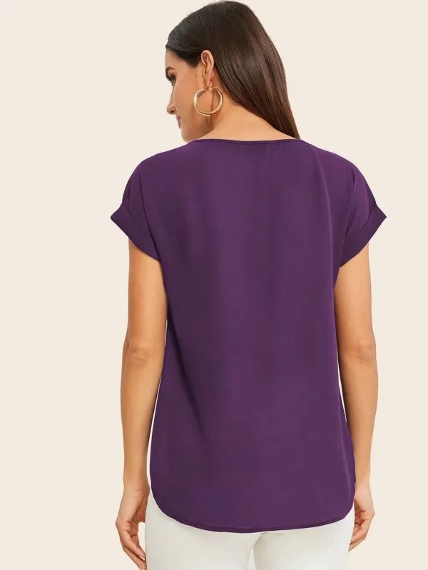 Round Neck Roll Up Sleeve High Low Hem Top